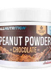 Allnutrition Peanut Powder Chocolate flavor in a container, high protein, vegan-friendly, natural ingredients.