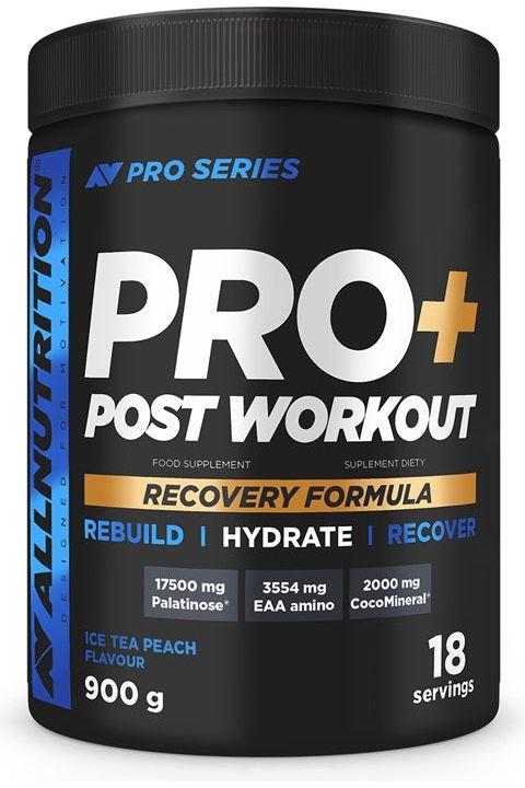 Allnutrition PRO+ Post Workout supplement tub for recovery with peach flavor, 18 servings, 900g. Rebuild, hydrate, recover.