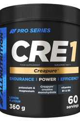 Allnutrition Pro Series CRE1 creatine supplement in lemon flavor with 60 servings for enhanced physical performance.