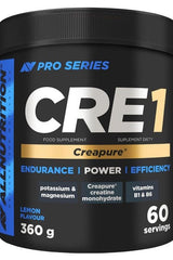 Allnutrition Pro Series CRE1 creatine supplement in lemon flavor with 60 servings for enhanced physical performance.