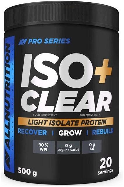 Allnutrition Pro Series ISO+ Clear protein tub, featuring 90% WPI, no sugar, no fat, 20 servings for recovery and muscle growth.