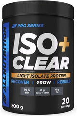 Allnutrition Pro Series ISO+ Clear protein tub, featuring 90% WPI, no sugar, no fat, 20 servings for recovery and muscle growth.