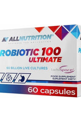 Allnutrition Probiotic 100 Ultimate supplement box with 60 billion live cultures in 60 capsules.