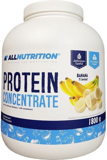 Allnutrition Protein Concentrate in banana flavor, high-protein supplement for muscle growth, 1800g container.