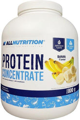 Allnutrition Protein Concentrate in banana flavor, high-protein supplement for muscle growth, 1800g container.