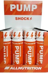 Allnutrition Pump Shock dietary supplement display with energizing orange packaging.