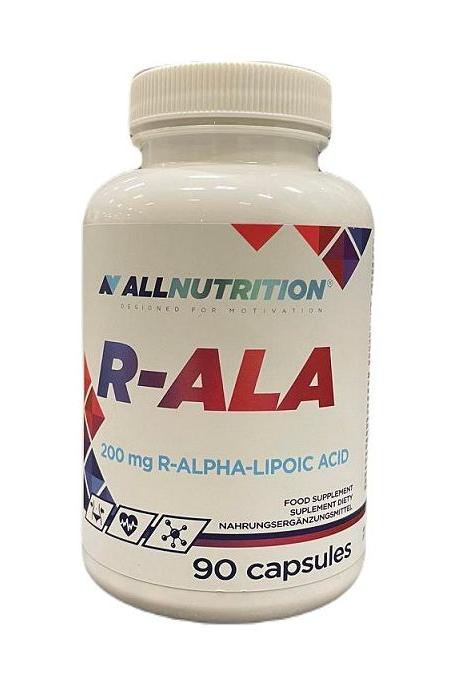 Allnutrition R-ALA supplement bottle with 200 mg R-alpha-lipoic acid, 90 capsules for energy and antioxidant support.