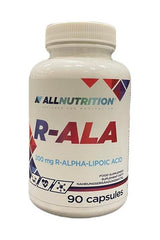 Allnutrition R-ALA supplement bottle with 200 mg R-alpha-lipoic acid, 90 capsules for energy and antioxidant support.