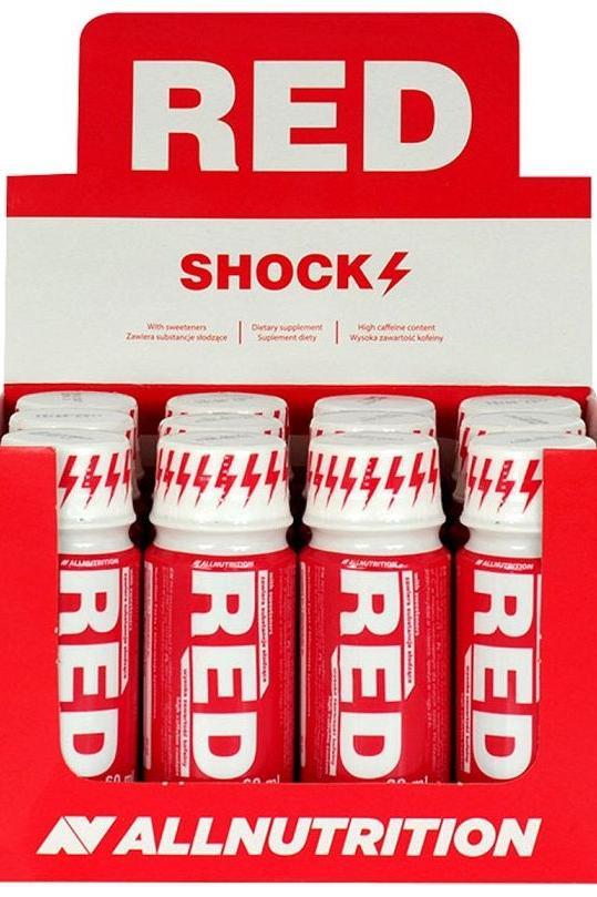 Allnutrition Red Shock energy shot display featuring multiple bottles for enhanced endurance and stimulation before workouts.