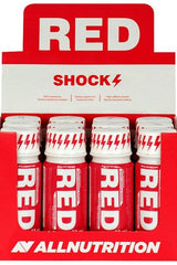 Allnutrition Red Shock energy shot display featuring multiple bottles for enhanced endurance and stimulation before workouts.