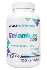 Allnutrition Selenium 200 supplement bottle with 100 capsules for healthy hair, skin, and nails.