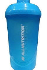 Allnutrition blue shaker bottle with logo, 600ml capacity, leak-proof and microwave-safe design.