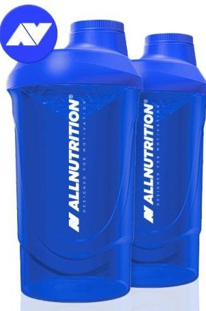 Allnutrition shaker in blue, 600 ml capacity, leak-proof design, ideal for protein shakes and smoothies.