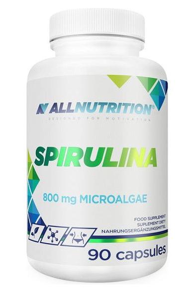 Allnutrition Spirulina supplement bottle with 90 capsules and 800 mg microalgae for optimal health.