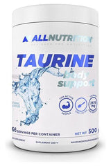 Allnutrition Taurine Body Support supplement container with water splash design, 500g, enhances performance and recovery.
