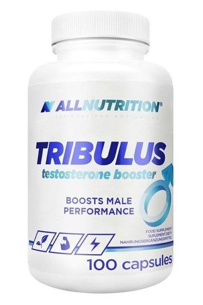 Allnutrition Tribulus testosterone booster bottle with 100 capsules for male performance enhancement.