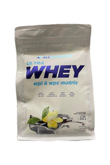 Allnutrition Ultra Whey protein powder packaging, showcasing WPI & WPC matrix for muscle growth and recovery.