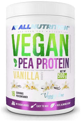 Allnutrition Vegan Pea Protein powder in vanilla flavor, 500g container, vegan-friendly, low-carb, easy to mix.
