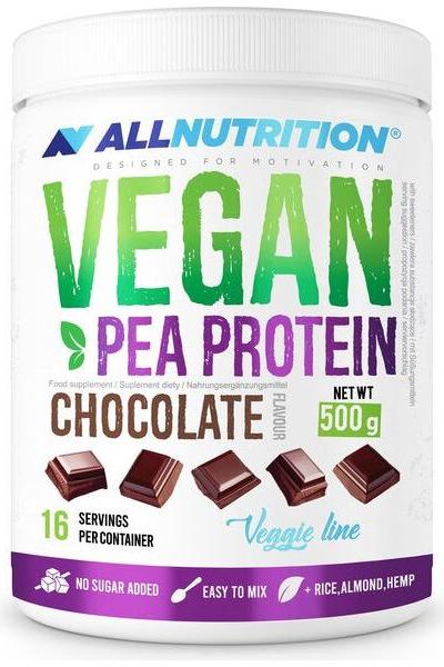 Allnutrition Vegan Pea Protein powder in chocolate flavor, 500g, ideal for vegan diets, low carb, and muscle growth.