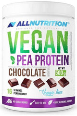 Allnutrition Vegan Pea Protein powder in chocolate flavor, 500g, ideal for vegan diets, low carb, and muscle growth.