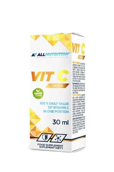 Allnutrition Vit C Drops 30 ml packaging featuring 100% daily vitamin C and vegan label.