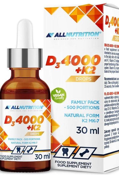 Allnutrition Vit D3 4000 + K2 Drops in a dropper bottle, 30 ml, vegan, supports bone health.