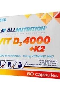 Allnutrition Vit D3 4000 + K2 supplement box with 60 capsules, promoting bone and immune health.