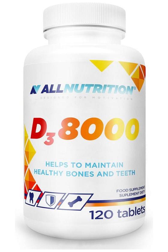 Allnutrition D3 8000 vitamin supplement bottle, 120 tablets for healthy bones and teeth.