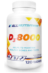 Allnutrition D3 8000 vitamin supplement bottle, 120 tablets for healthy bones and teeth.
