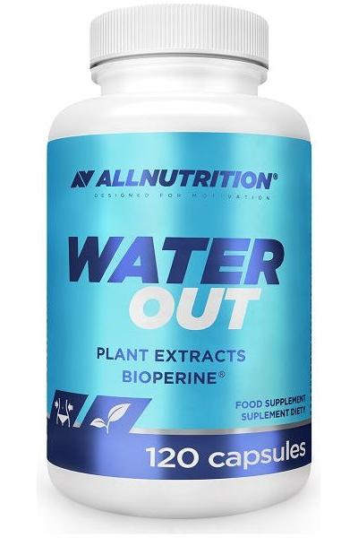 Allnutrition Water Out supplement bottle with plant extracts, 120 capsules for water retention support.