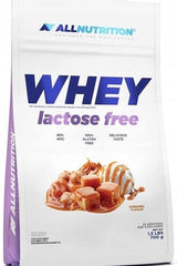 Allnutrition Whey Lactose Free protein supplement bag with caramel flavor, gluten-free and lactose-free.