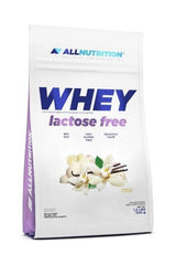 Allnutrition Whey Lactose Free protein powder packaging with vanilla flavor, designed for lactose intolerant users.