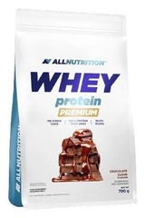 Allnutrition Whey Protein Premium chocolate flavor packaging, featuring high-quality whey protein concentrate for quick absorption.