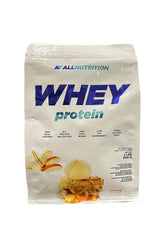 Allnutrition Whey Protein powder bag with vanilla flavor, promoting muscle growth and recovery.