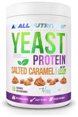 Allnutrition Yeast Protein in Salted Caramel flavor, vegan-friendly, 500g tub with 16 servings.