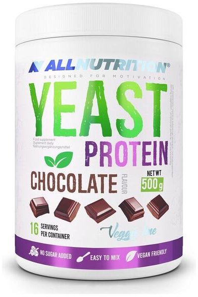 Allnutrition Yeast Protein Chocolate 500g container, vegan-friendly with no added sugar, 16 servings per container.