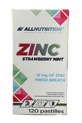 Allnutrition Zinc Strawberry Mint supplement box with 15 mg of zinc in fresh breath pastilles, 120 count.