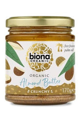Biona Organic Crunchy Almond Butter jar, 170g, 100% natural, no added sugars, palm oil-free.