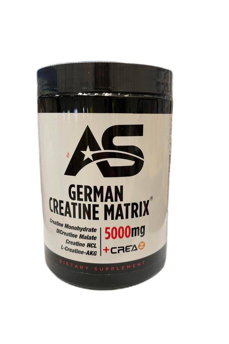 AS German Creatine Matrix 5000mg supplement jar featuring creatine monohydrate and creatine HCL.