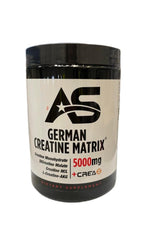 AS German Creatine Matrix 5000mg supplement jar featuring creatine monohydrate and creatine HCL.