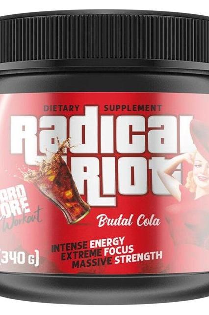 Radical Riot dietary supplement, Brutal Cola flavor, for intense energy and focus during workouts.