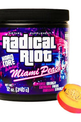 Radical Riot Miami Peach supplement, featuring intense energy, extreme focus, and mass strength in a vibrant container.