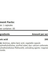 Nutrition facts label for AMIX ALA Alpha Lipoic Acid capsules, detailing ingredients and serving size.