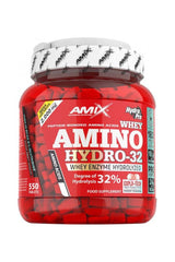 Amix Amino Hydro32 product, whey enzyme hydrolyzed supplement in a red container with peptide-bonded amino acids.