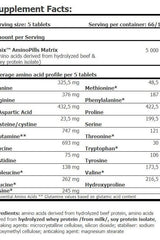 Supplement facts for Amix Amino Pills showing amino acid profile and serving details.