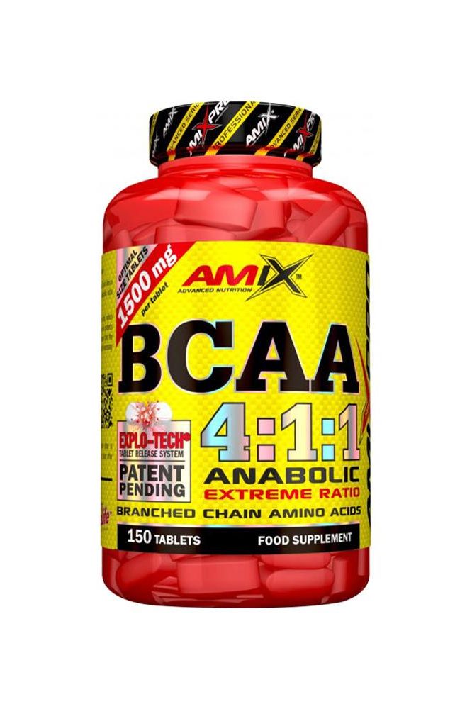 Amixpro BCAA 4:1:1 supplement bottle, 150 tablets for muscle recovery and growth, featuring Explo-tech system.