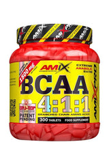 Amixpro BCAA 4:1:1 supplement bottle, featuring 300 tablets of branched-chain amino acids in orange packaging.