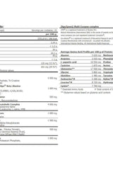 Nutritional information chart for DigesteZyme® Multi-Enzyme complex supplement with amino acids and creatine details.