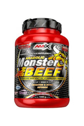 Amix Anabolic Monster Beef Protein supplement in a red container, highlighting beef enzyme hydrolyzed protein and nutrients.