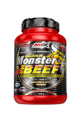Amix Anabolic Monster Beef Protein supplement in a red container, highlighting beef enzyme hydrolyzed protein and nutrients.